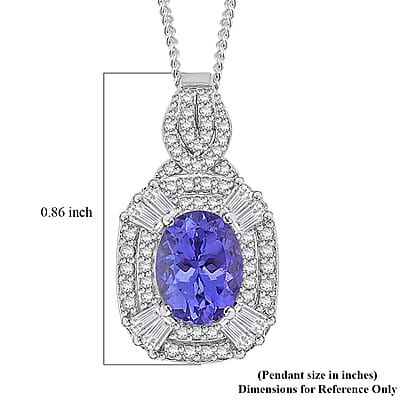 D'Joy Tanzanite and White Zircon 2.00 ctw Halo Pendant Necklace in Rhodium Over Sterling Silver 18 Inches