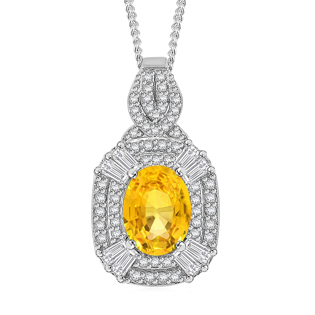 D'Joy Yellow Sapphire, White Zircon Pendant Necklace (18 Inches) in Rhodium Over Sterling Silver 2.00 ctw