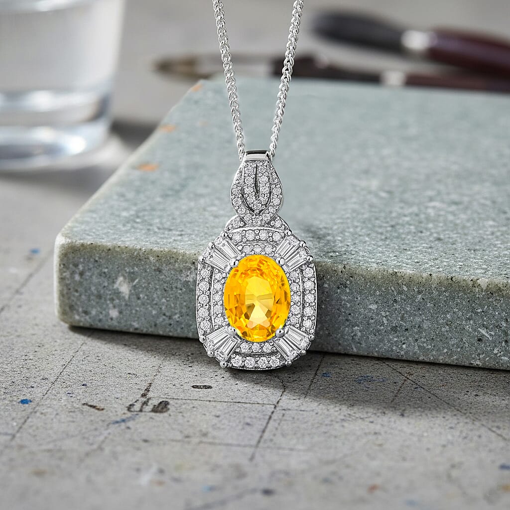 D'Joy Yellow Sapphire, White Zircon Pendant Necklace (18 Inches) in Rhodium Over Sterling Silver 2.00 ctw