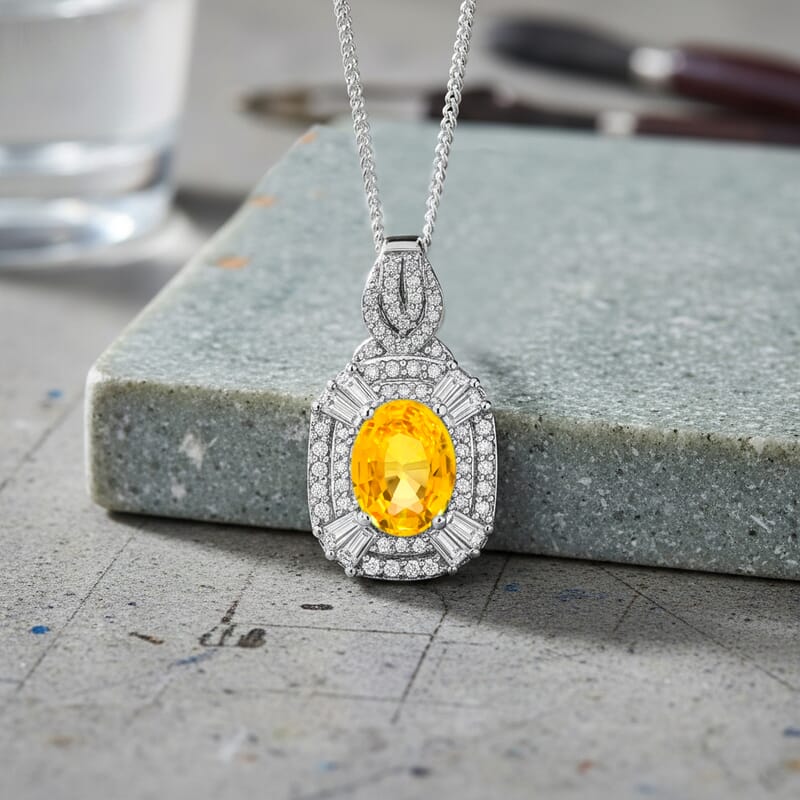 D'Joy Yellow Sapphire, White Zircon Pendant Necklace (18 Inches) in Rhodium Over Sterling Silver 2.00 ctw