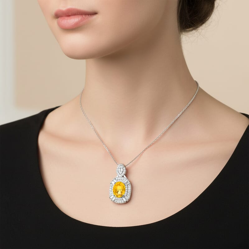 D'Joy Yellow Sapphire, White Zircon Pendant Necklace (18 Inches) in Rhodium Over Sterling Silver 2.00 ctw