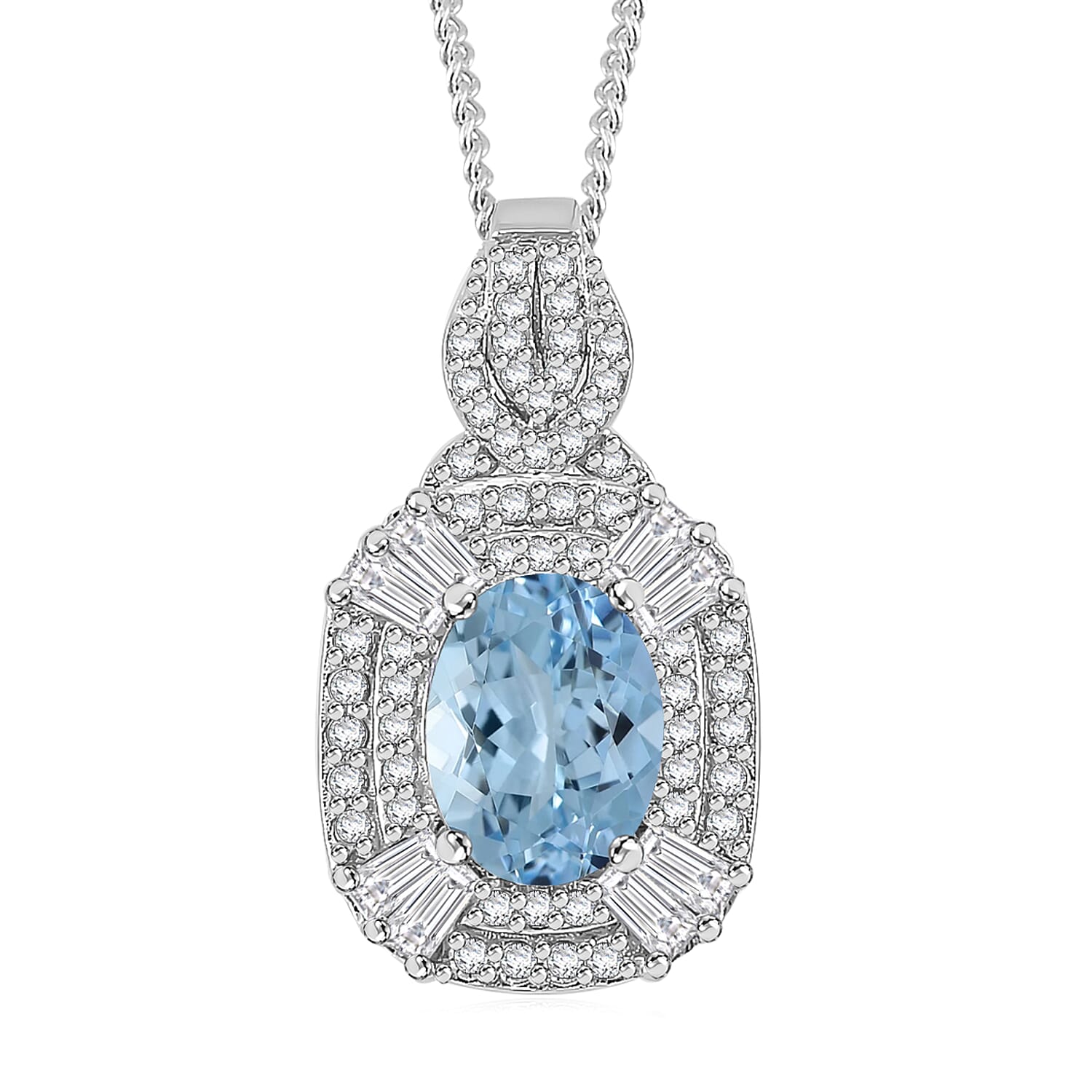 D'Joy Santa Maria Aquamarine and White Zircon 1.90 ctw Halo Pendant Necklace in Rhodium Over Sterling Silver 18 Inches