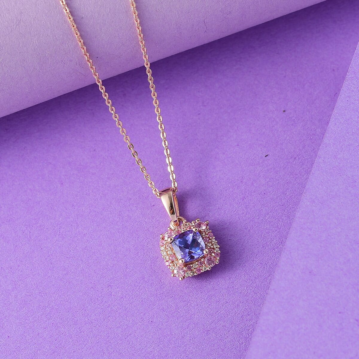 Tanzanite and Multi Gemstone 1.60 ctw Regal Bloom Pendant Necklace in 18K Vermeil Rose Gold Over Sterling Silver 20 Inches image number 1