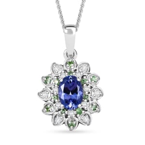 Tanzanite and Multi Gemstone 1.80 ctw Sunflower Pendant Necklace in Rhodium Over Sterling Silver 20 Inches