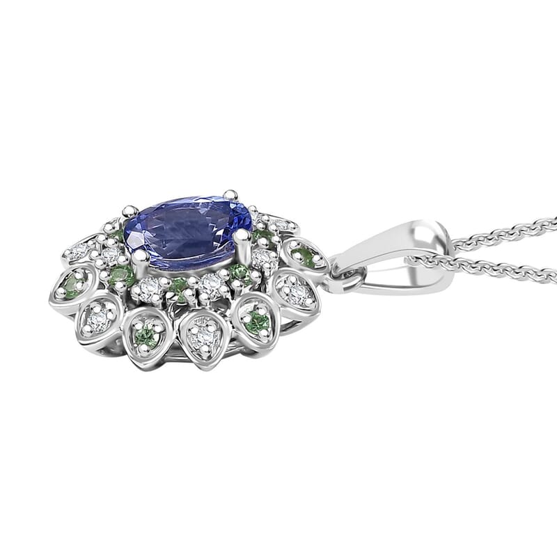 Tanzanite and Multi Gemstone 1.80 ctw Sunflower Pendant Necklace in Rhodium Over Sterling Silver 20 Inches