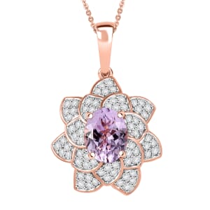 Premium Martha Rocha Kunzite and White Zircon 4.15 ctw Rose Flower Pendant Necklace in 18K Vermeil Rose Gold Over Sterling Silver 20 Inches