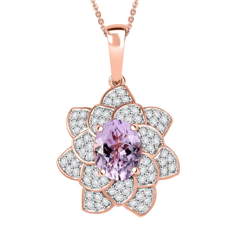 D'Joy Premium Martha Rocha Kunzite and White Zircon 4.15 ctw Rose Flower Pendant Necklace in 18K Vermeil Rose Gold Over Sterling Silver 20 Inches