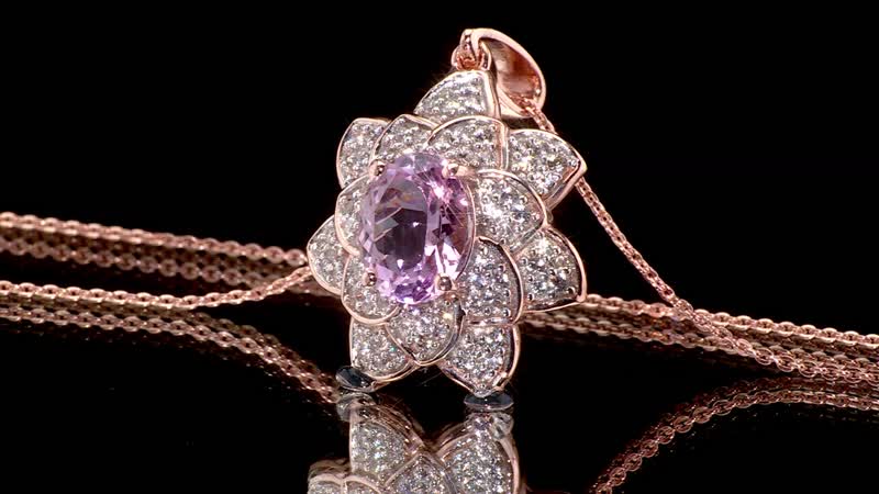 D'Joy Premium Martha Rocha Kunzite and White Zircon 4.15 ctw Rose Flower Pendant Necklace in 18K Vermeil Rose Gold Over Sterling Silver 20 Inches