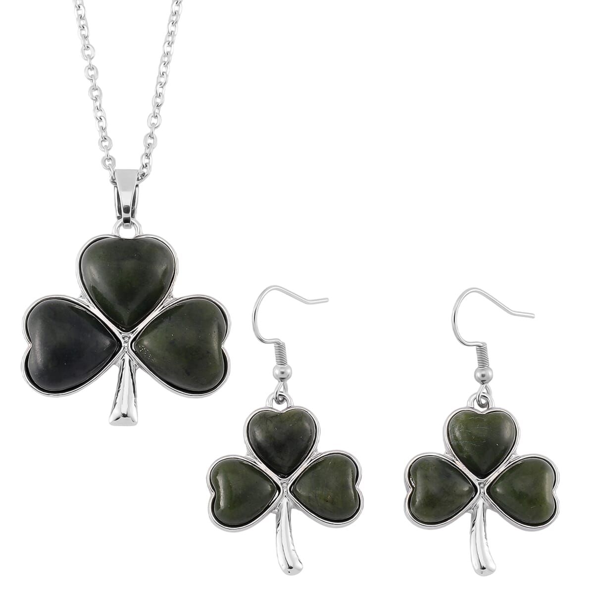 Connemara Marble 110.00 ctw Clover Leaf Earrings and Pendant Necklace 20 Inches in Stainless Steel  image number 0