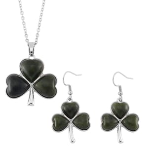 Connemara Marble 110.00 ctw Clover Leaf Earrings and Pendant Necklace 20 Inches in Stainless Steel 