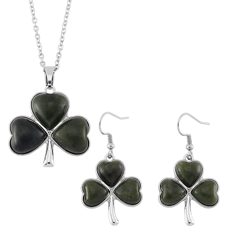 Connemara Marble 110.00 ctw Clover Leaf Earrings and Pendant Necklace 20 Inches in Stainless Steel 