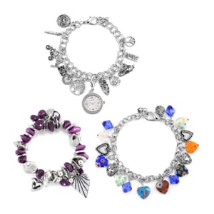 3pcs Set - Strada Japanese Movement Charm Bracelet Watch and Mutli Murano Glass, Purple Howlite Beaded Set of 2 Bracelet with Heart Charm 15.00 ctw