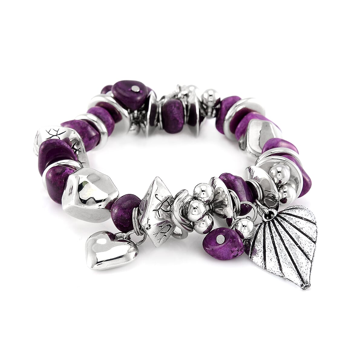 3pcs Set - Strada Japanese Movement Charm Bracelet Watch and Mutli Murano Glass, Purple Howlite Beaded Set of 2 Bracelet with Heart Charm 15.00 ctw image number 6