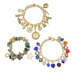 3pcs Set - Strada Japanese Movement Charm Bracelet Watch and Mutli Glass, Green Aventurine Beaded Set of 2 Bracelet with Heart Charm 20.00 ctw