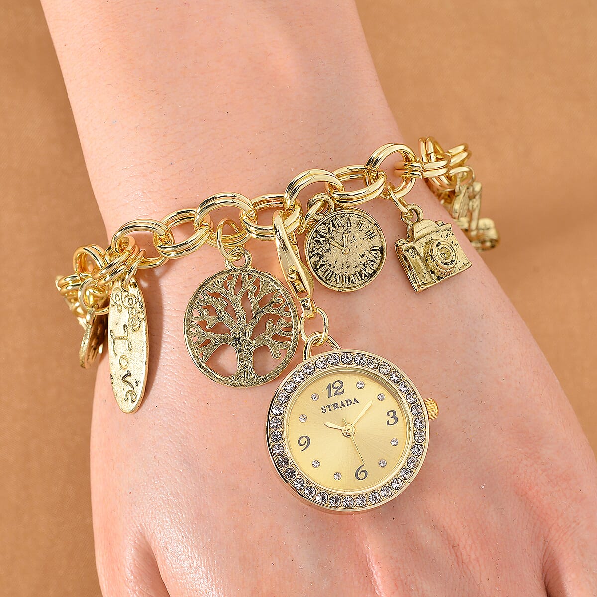 3pcs Set - Strada Japanese Movement Charm Bracelet Watch and Mutli Glass, Green Aventurine Beaded Set of 2 Bracelet with Heart Charm 20.00 ctw image number 1