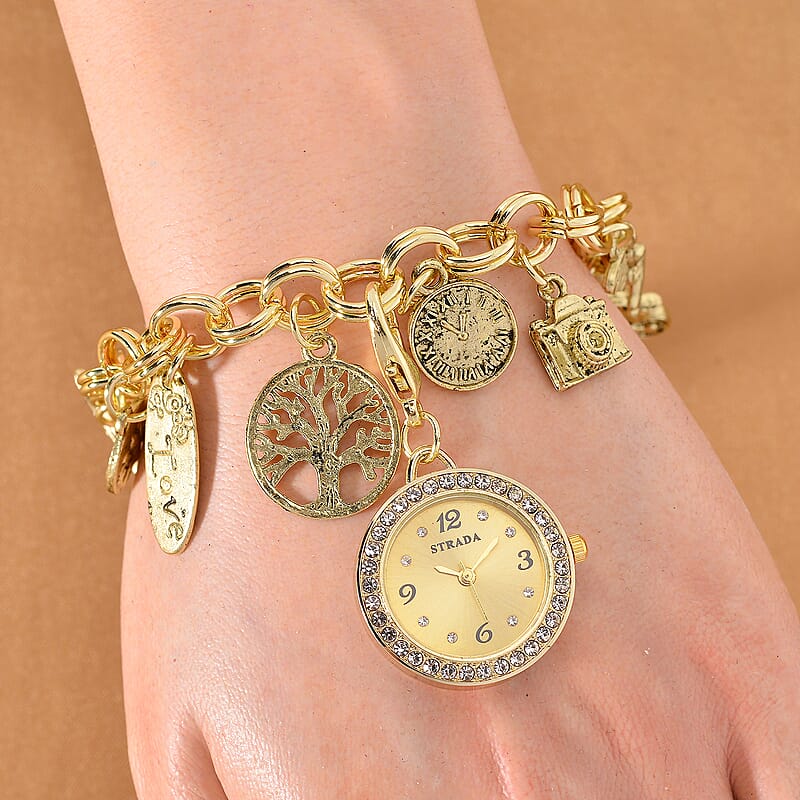 3pcs Set - Strada Japanese Movement Charm Bracelet Watch and Mutli Glass, Green Aventurine Beaded Set of 2 Bracelet with Heart Charm 20.00 ctw