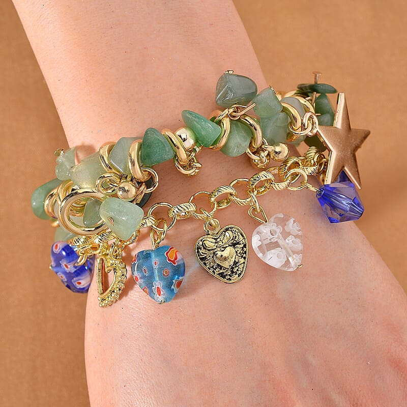 3pcs Set - Strada Japanese Movement Charm Bracelet Watch and Mutli Glass, Green Aventurine Beaded Set of 2 Bracelet with Heart Charm 20.00 ctw