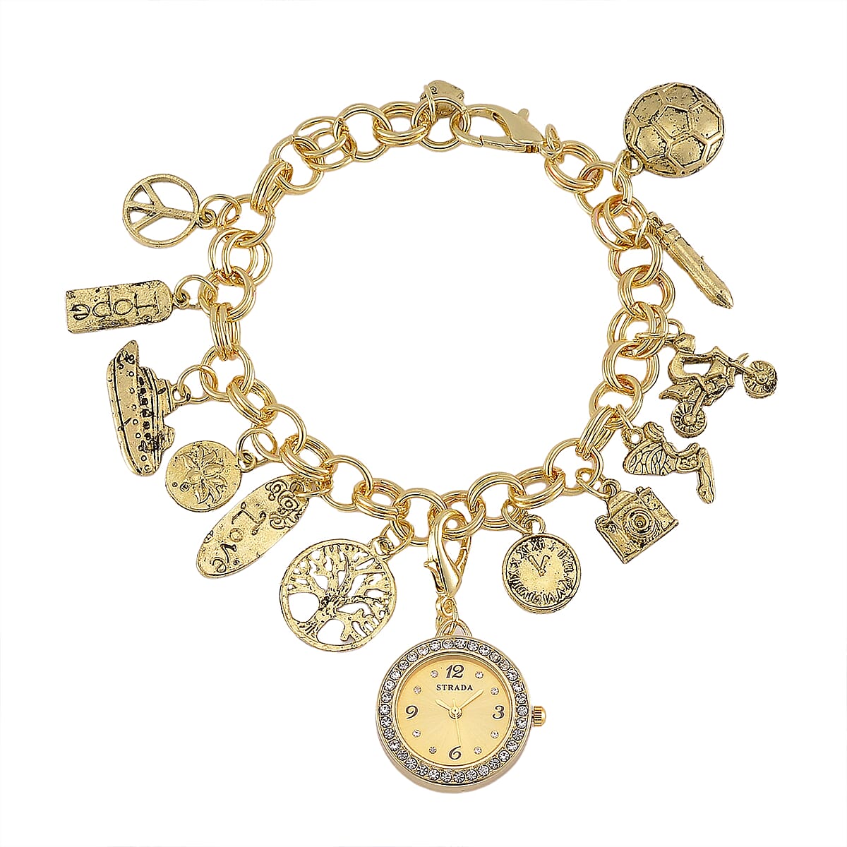 3pcs Set - Strada Japanese Movement Charm Bracelet Watch and Mutli Glass, Green Aventurine Beaded Set of 2 Bracelet with Heart Charm 20.00 ctw image number 3