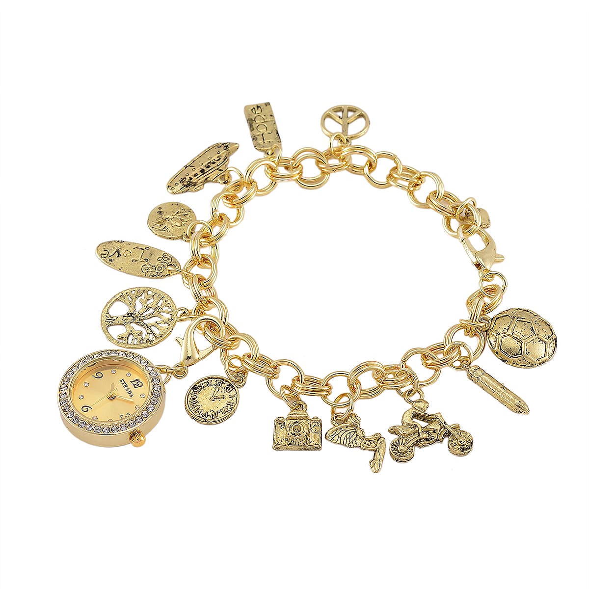 3pcs Set - Strada Japanese Movement Charm Bracelet Watch and Mutli Glass, Green Aventurine Beaded Set of 2 Bracelet with Heart Charm 20.00 ctw image number 4