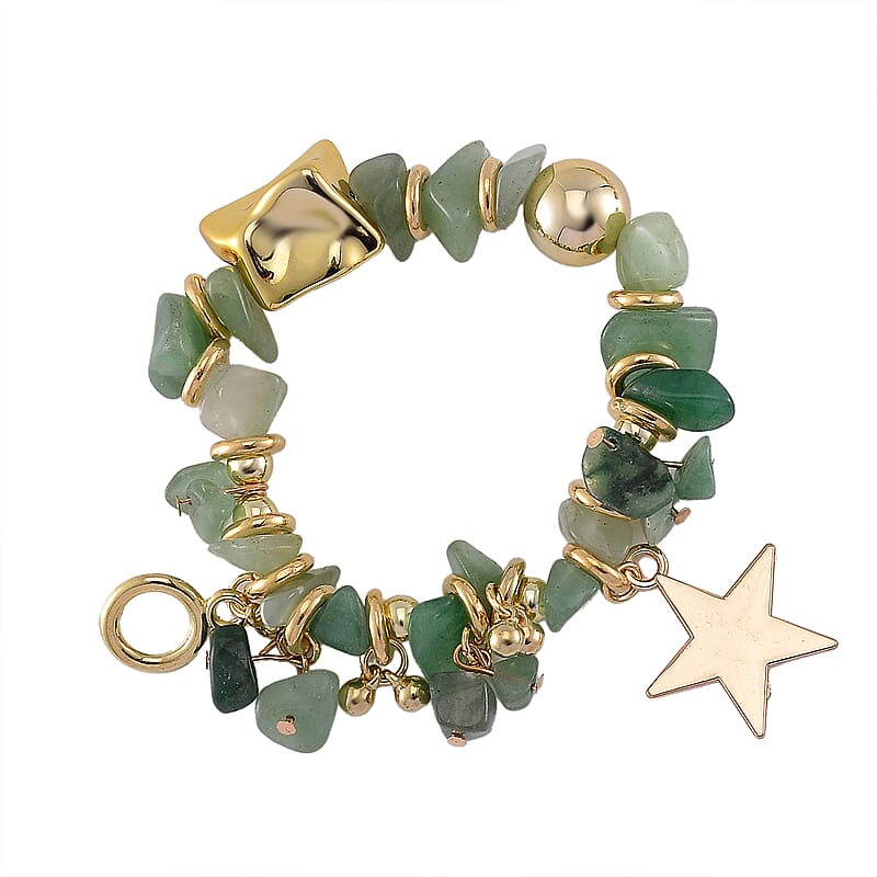 3pcs Set - Strada Japanese Movement Charm Bracelet Watch and Mutli Glass, Green Aventurine Beaded Set of 2 Bracelet with Heart Charm 20.00 ctw