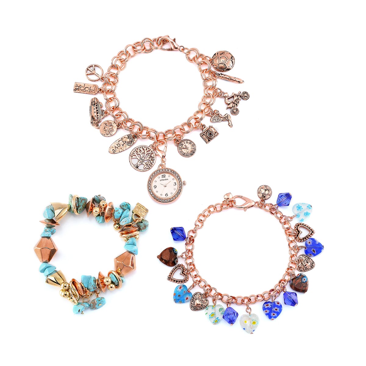 3pcs Set - Strada Japanese Movement Charm Bracelet Watch and Mutli Murano Glass, Blue Howlite Beaded Set of 2 Bracelet with Heart Charm 20.00 ctw image number 0