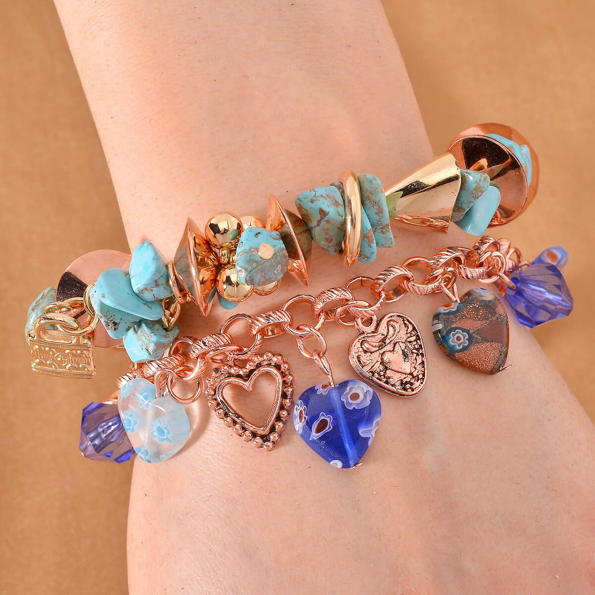 3pcs Set - Strada Japanese Movement Charm Bracelet Watch and Mutli Murano Glass, Blue Howlite Beaded Set of 2 Bracelet with Heart Charm 20.00 ctw image number 2