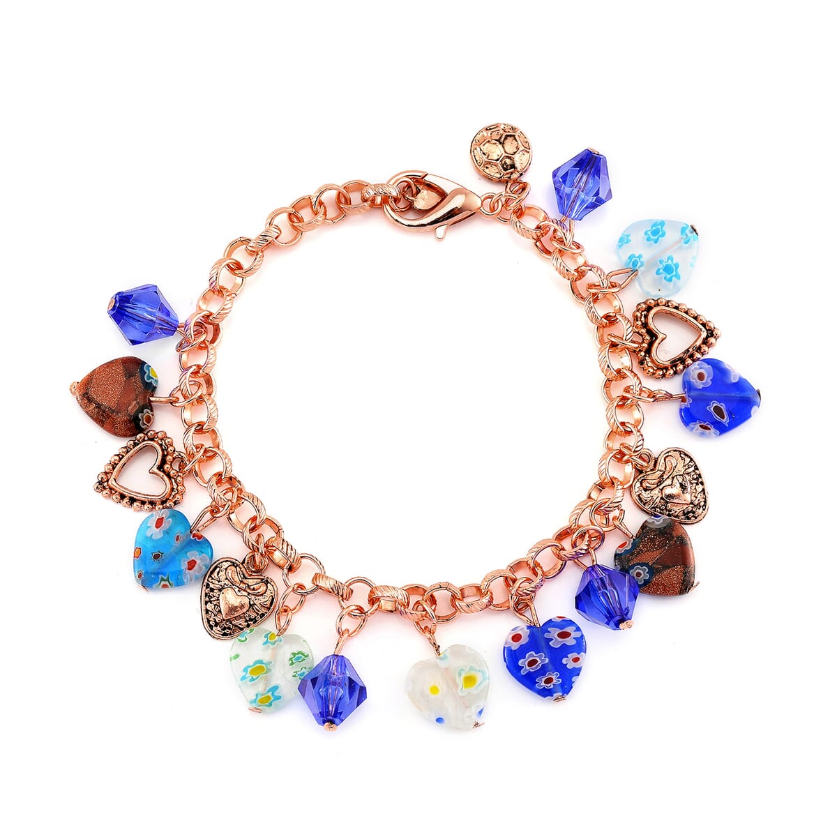 3pcs Set - Strada Japanese Movement Charm Bracelet Watch and Mutli Murano Glass, Blue Howlite Beaded Set of 2 Bracelet with Heart Charm 20.00 ctw image number 7