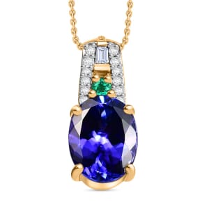 Luxoro AAA Tanzanite, Boyaca Colombian Emerald and Diamond I2 1.70 ctw Ocean Serenade Pendant Necklace in 10K Yellow Gold 18 Inches