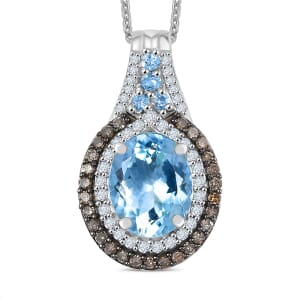 D'Joy Premium Mangoro Aquamarine, Santa Ana Aquamarine, Natural Champagne and White Diamond 2.80 ctw Ocean Empress Pendant Necklace in Rhodium Over Sterling Silver 20 Inches