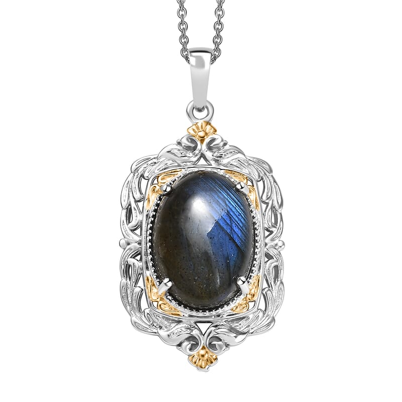 Karis Malagasy Labradorite 12.40 ctw Pendant in 18K YG Plated and Platinum Bond with Stainless Steel Necklace 20 Inches