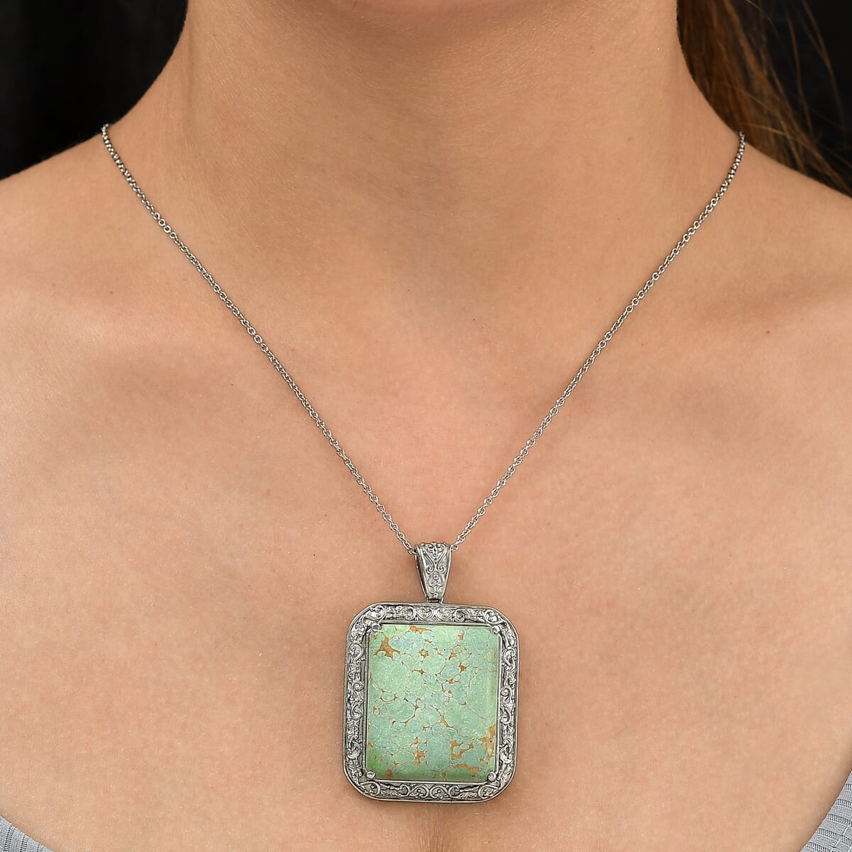 Mojave Green Turquoise 45.10 ctw Pendant Necklace in Stainless Steel 20 Inches image number 2