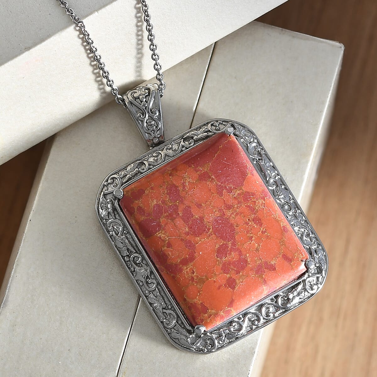 Mojave Orange Turquoise 37.90 ctw Pendant Necklace in Stainless Steel 20 Inches image number 1