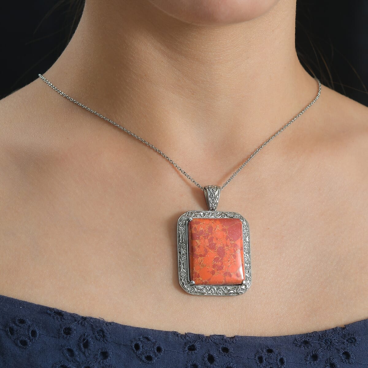 Mojave Orange Turquoise 37.90 ctw Pendant Necklace in Stainless Steel 20 Inches image number 2