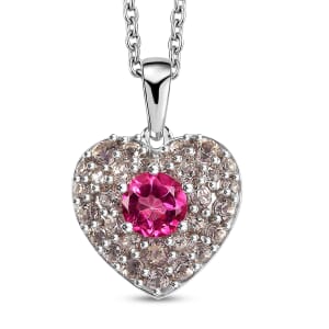 Pink Mystic Topaz and Signity Complexion Topaz 1.65 ctw Heart Pendant in Rhodium Over Sterling Silver with Stainless Steel Necklace 20 Inches