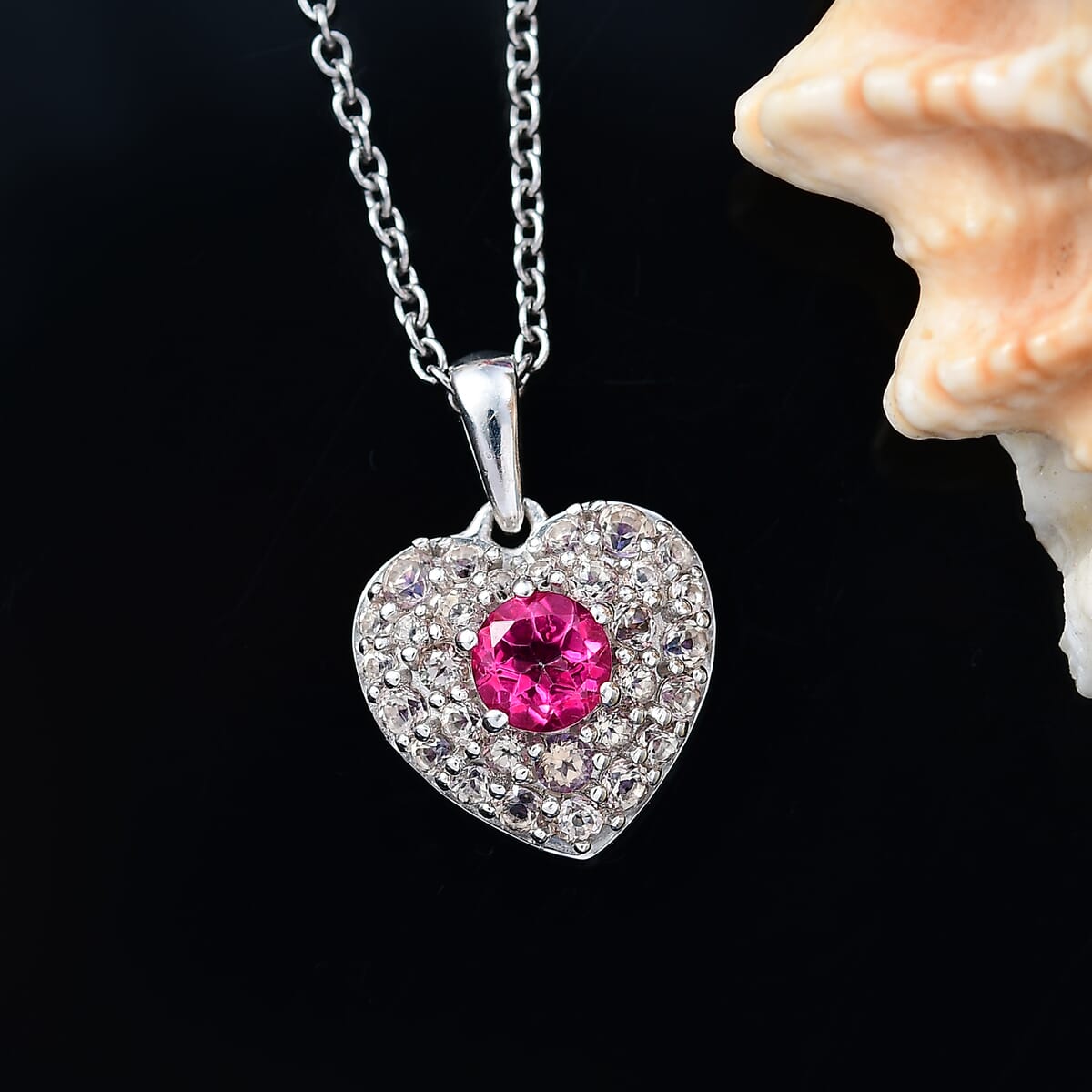 Pink Mystic Topaz and Signity Complexion Topaz 1.65 ctw Heart Pendant in Rhodium Over Sterling Silver with Stainless Steel Necklace 20 Inches image number 1