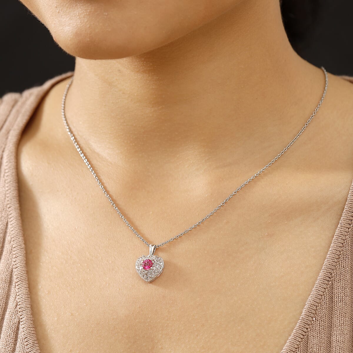 Pink Mystic Topaz and Signity Complexion Topaz 1.65 ctw Heart Pendant in Rhodium Over Sterling Silver with Stainless Steel Necklace 20 Inches image number 2