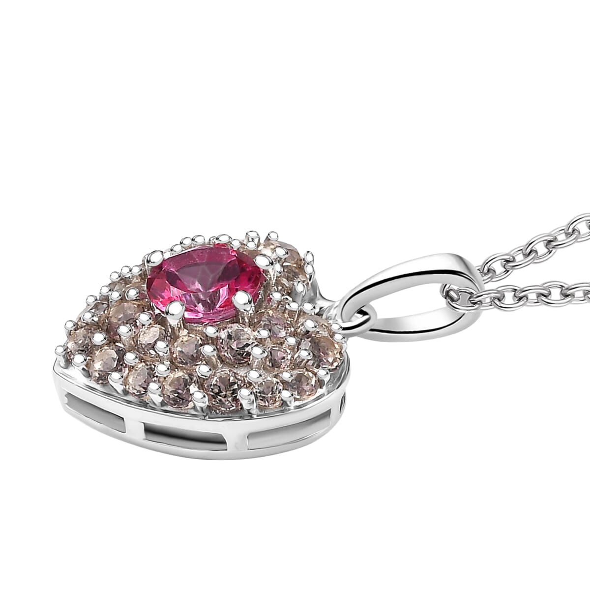Pink Mystic Topaz and Signity Complexion Topaz 1.65 ctw Heart Pendant in Rhodium Over Sterling Silver with Stainless Steel Necklace 20 Inches image number 3