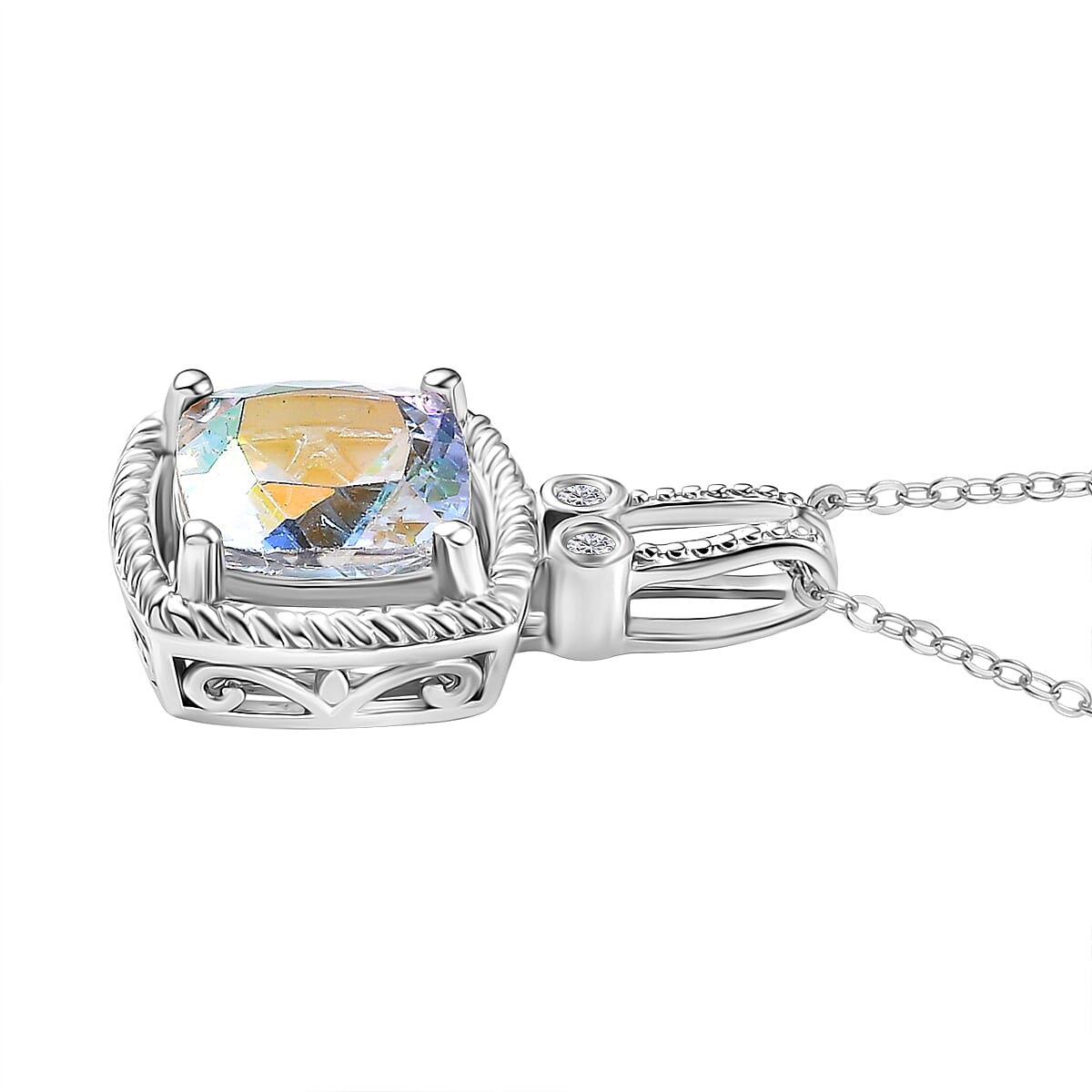 Mercury Mystic Topaz and White Zircon 2.60 ctw Pendant Necklace in Rhodium Over Sterling Sliver 20 Inches image number 3