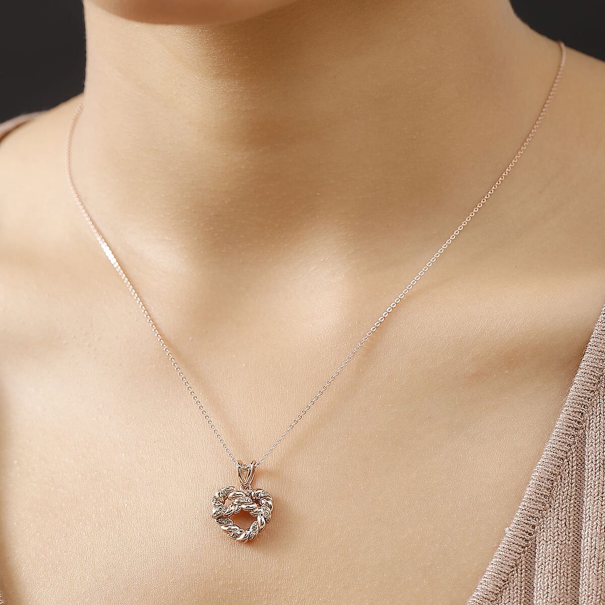 GP Amore Collection Natural Champagne Diamond 0.15 ctw Love Knot Pendant Necklace in 18K Vermeil Rose Gold Over Sterling Silver 20 Inches  image number 2