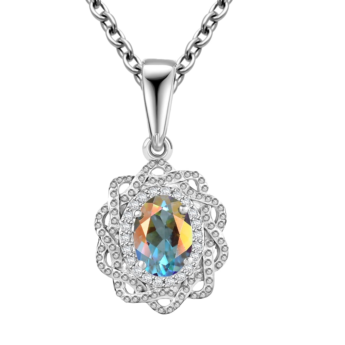 Mercury Mystic Topaz and White Zircon 1.00 ctw Celestial Bloom Pendant in Rhodium Over Sterling Silver with Stainless Steel Chain 20 Inches image number 0