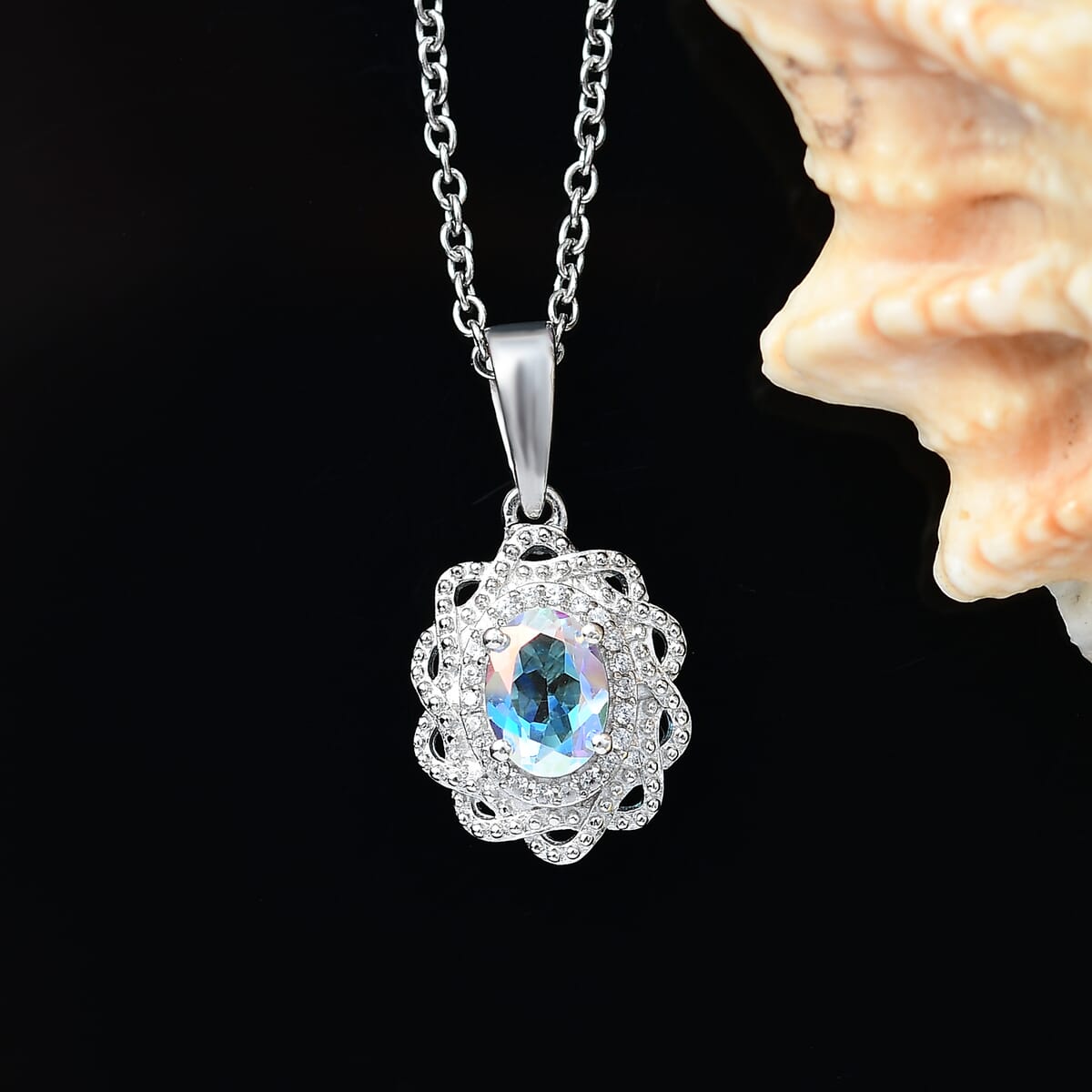 Mercury Mystic Topaz and White Zircon 1.00 ctw Celestial Bloom Pendant in Rhodium Over Sterling Silver with Stainless Steel Chain 20 Inches image number 1
