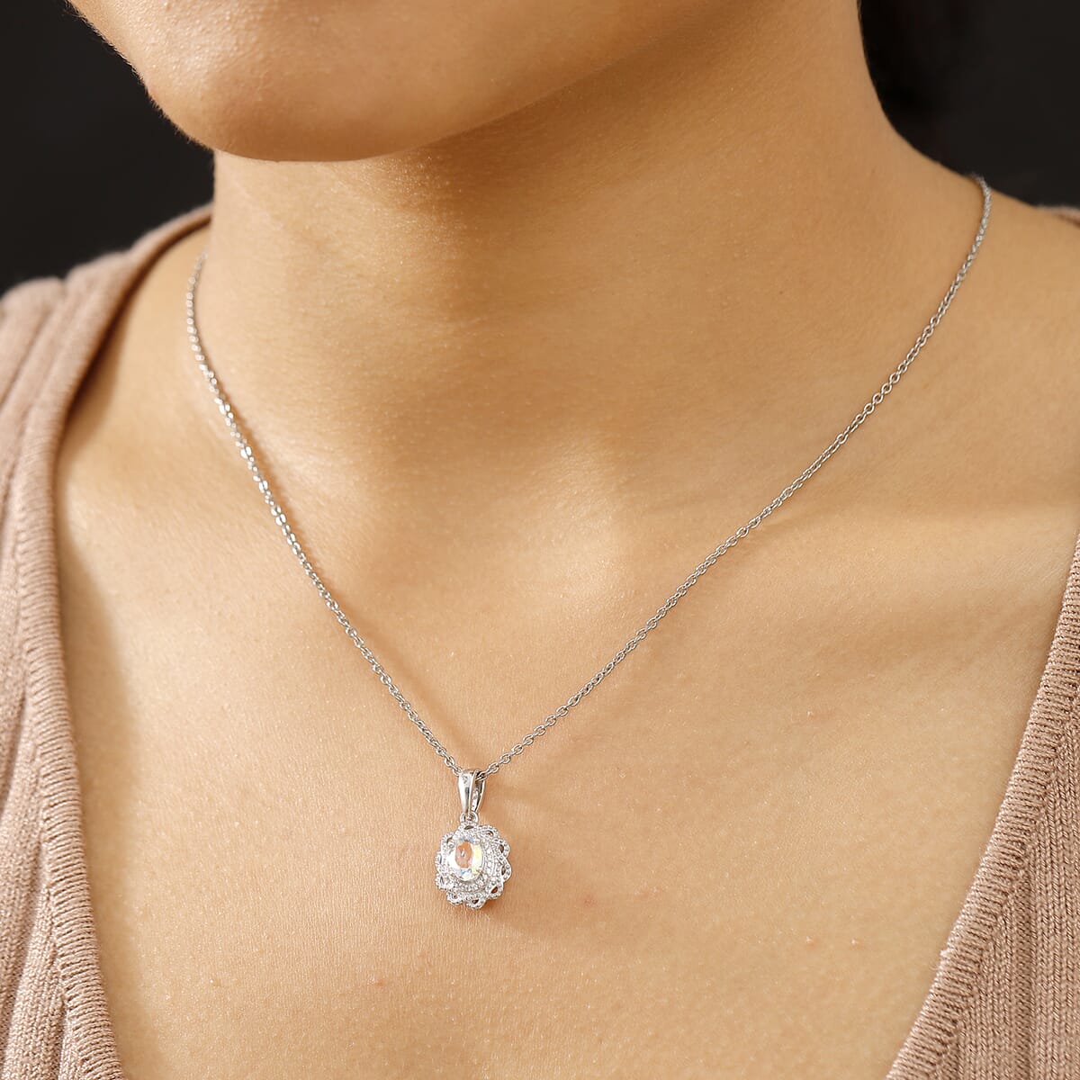 Mercury Mystic Topaz and White Zircon 1.00 ctw Celestial Bloom Pendant in Rhodium Over Sterling Silver with Stainless Steel Chain 20 Inches image number 2