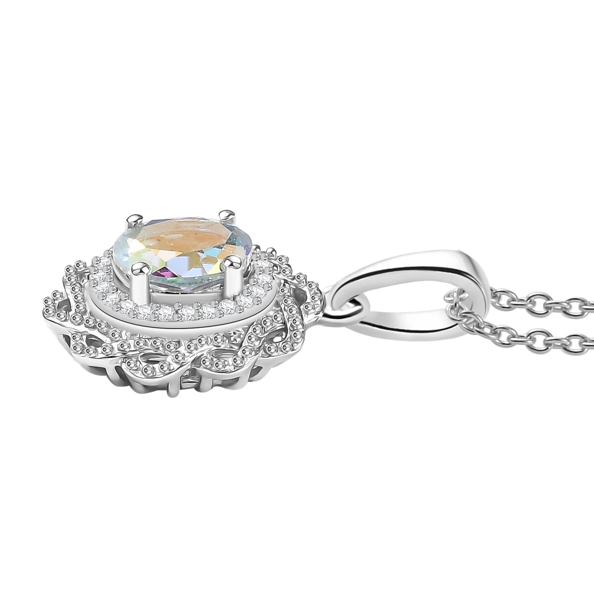 Mercury Mystic Topaz and White Zircon 1.00 ctw Celestial Bloom Pendant in Rhodium Over Sterling Silver with Stainless Steel Chain 20 Inches image number 3