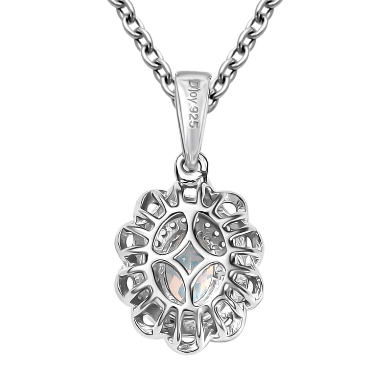 Mercury Mystic Topaz and White Zircon 1.00 ctw Celestial Bloom Pendant in Rhodium Over Sterling Silver with Stainless Steel Chain 20 Inches
