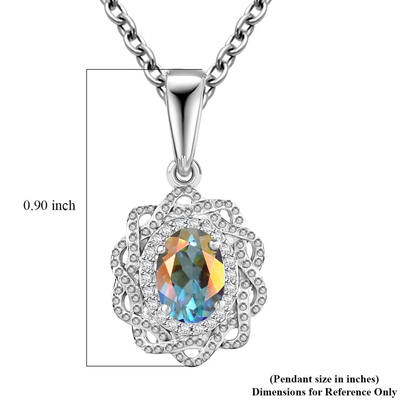 Mercury Mystic Topaz and White Zircon 1.00 ctw Celestial Bloom Pendant in Rhodium Over Sterling Silver with Stainless Steel Chain 20 Inches