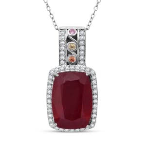 Niassa Ruby (FF) and Multi Gemstone 11.85 ctw Majestic Crown Pendant Necklace in Rhodium Over Sterling Silver 20 Inches