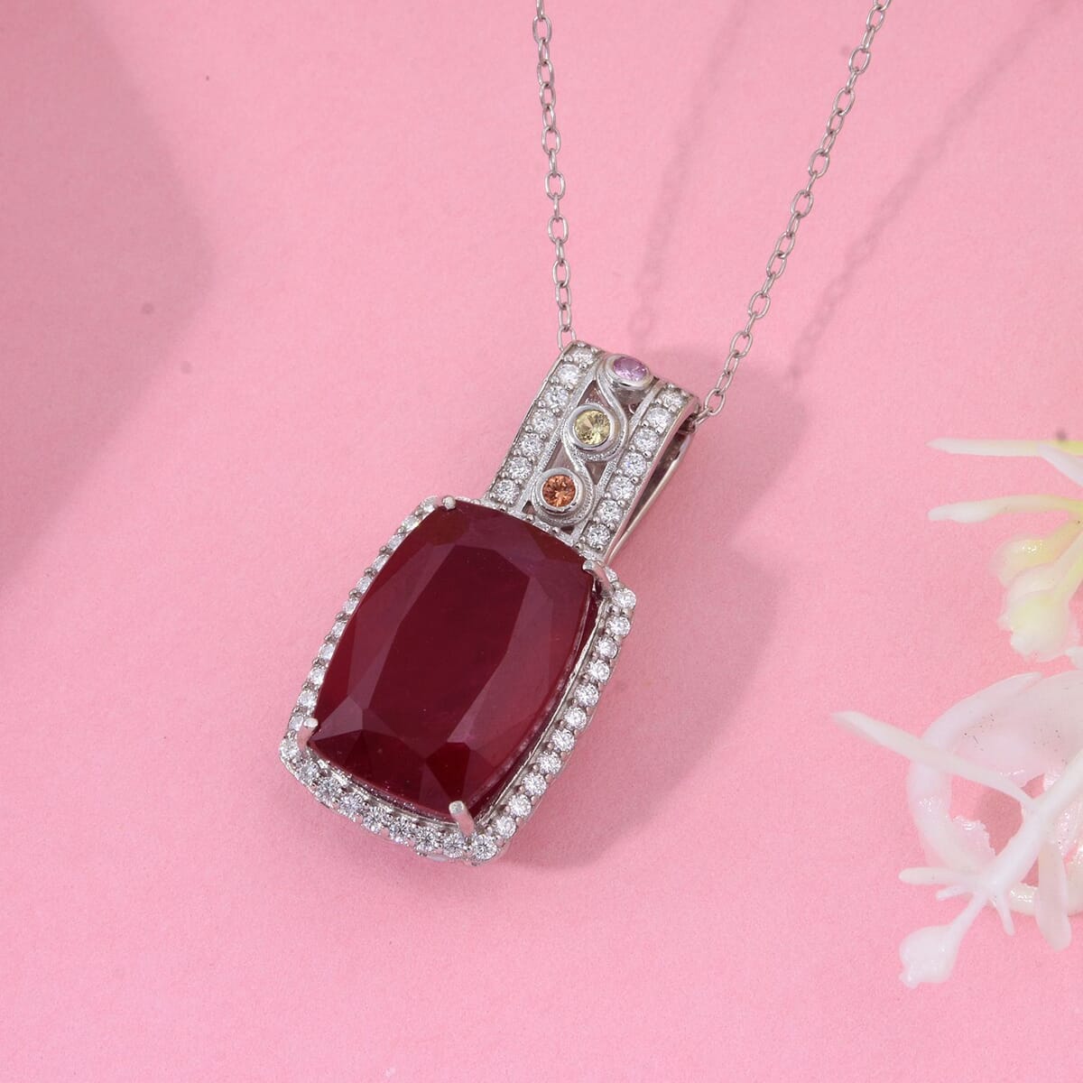 TLV Niassa Ruby (FF) Multi Gemstone Pendant Necklace (20 Inches) in Rhodium Over Sterling Silver 10.50 ctw image number 1
