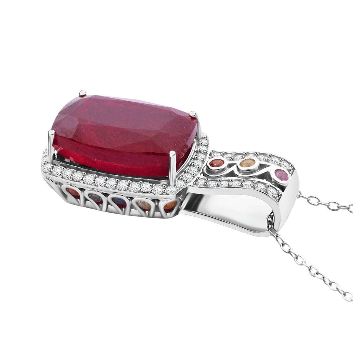 TLV Niassa Ruby (FF) Multi Gemstone Pendant Necklace (20 Inches) in Rhodium Over Sterling Silver 10.50 ctw image number 3