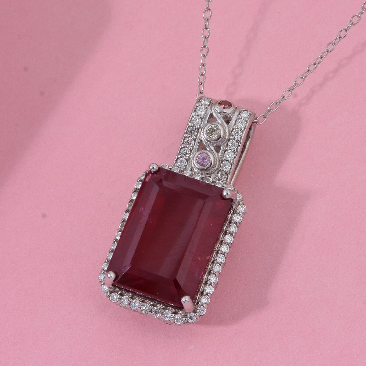Niassa Ruby (FF) and Multi Gemstone 11.85 ctw Majestic Crown Pendant Necklace in Rhodium Over Sterling Silver 20 Inches image number 1