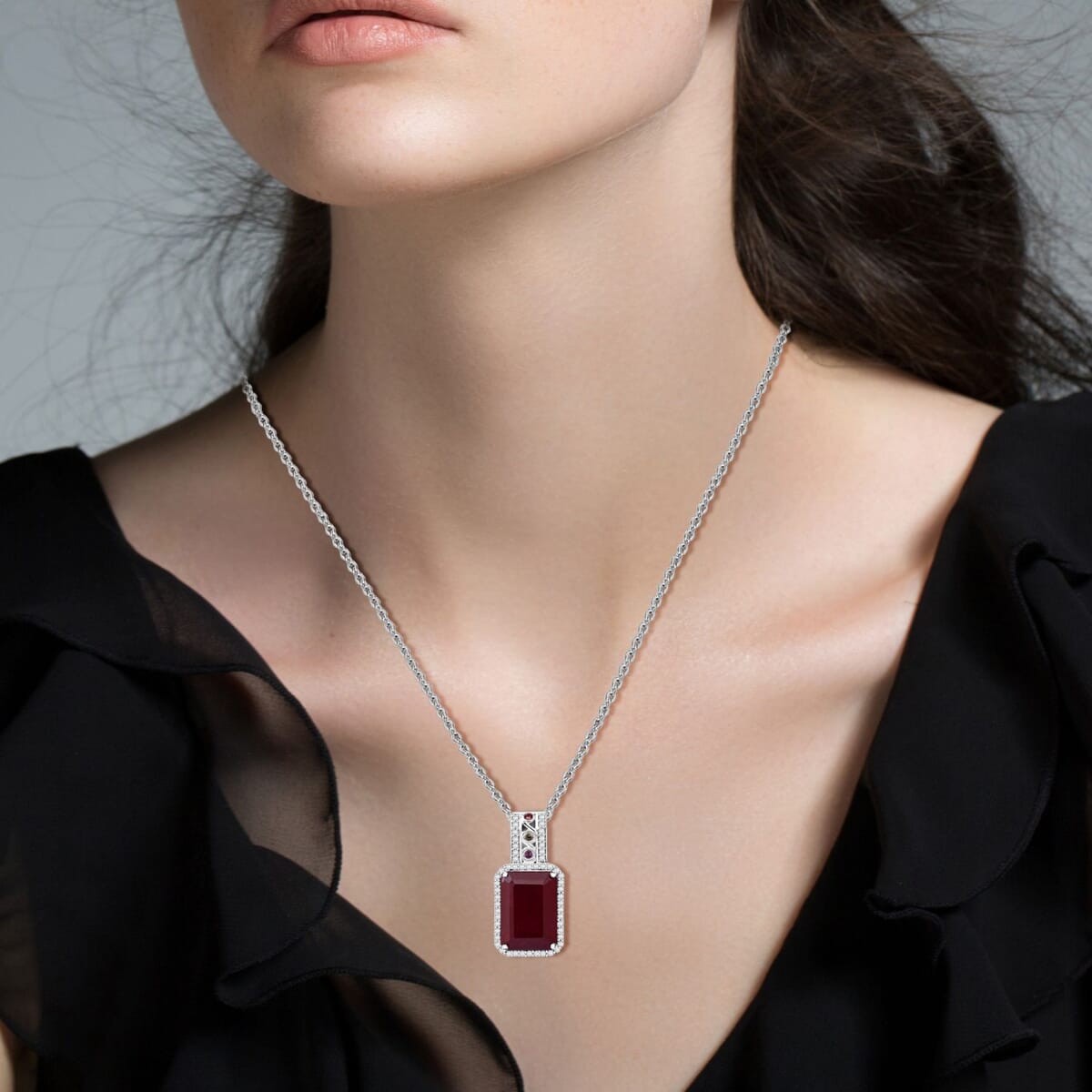 Niassa Ruby (FF) and Multi Gemstone 11.85 ctw Majestic Crown Pendant Necklace in Rhodium Over Sterling Silver 20 Inches image number 2